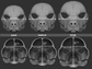 Size chart for a samoyed dog mask or fursuit base featuring three 3D light grey renderings with measurements labeled for small, medium, and large sizes on a dark grey background.