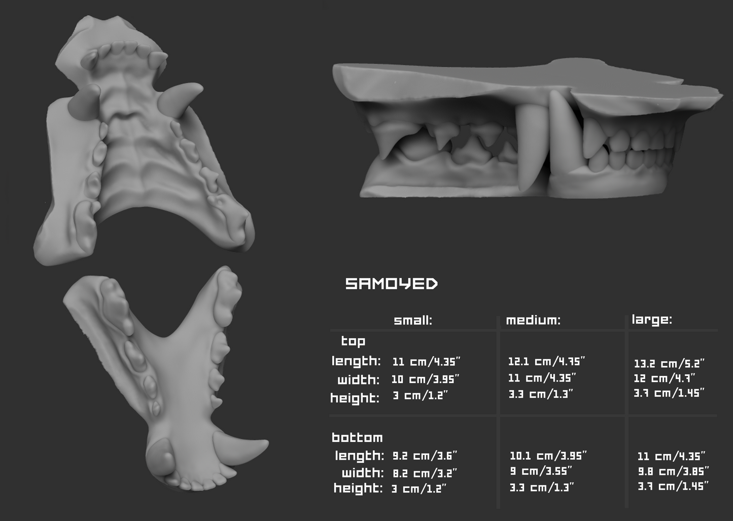 Two light grey 3D renderings of a samoyed dog fursuit jawset showcasing the jaws open and closed against a dark grey background; a size chart and measurements are shown to the right.