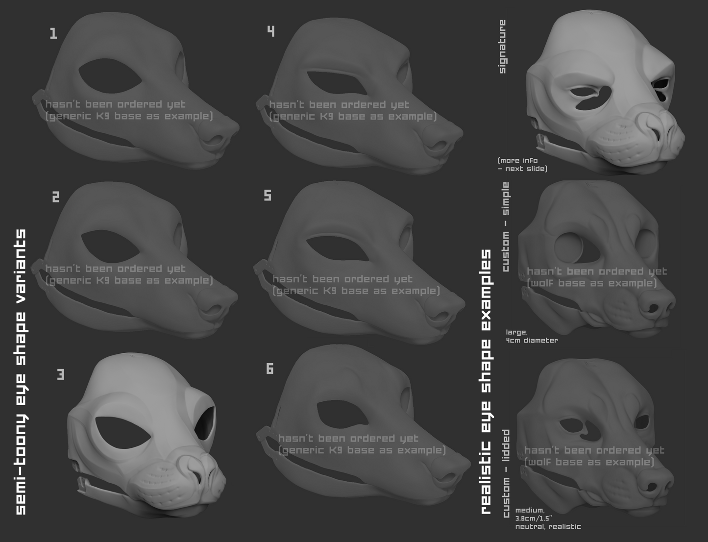 Light grey 3D renderings showcasing the various eye shape variants for a sea lion mask or fursuit base on a dark grey background.