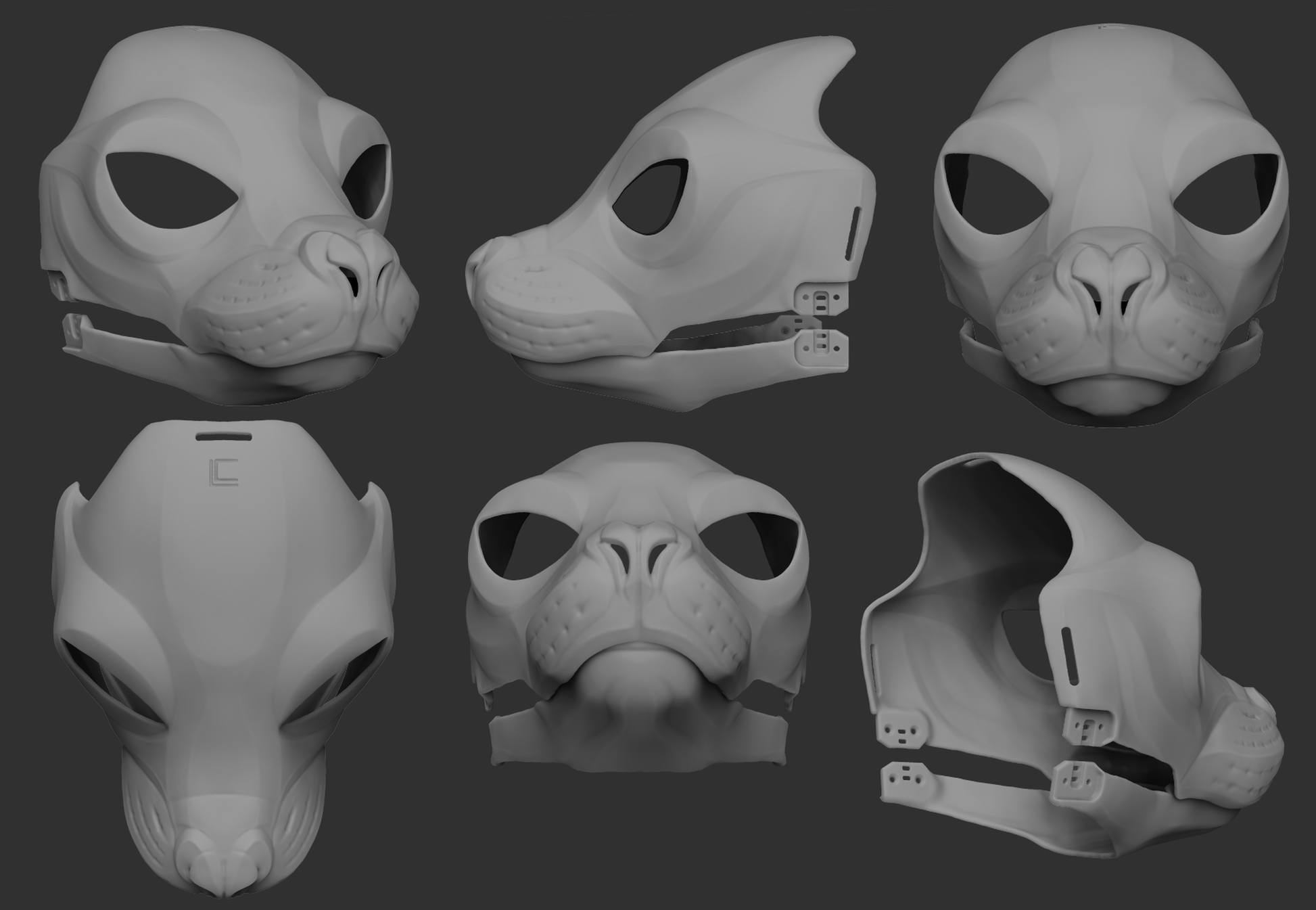 A collection of 3D rendered, light grey images showing different angles of a sea lion head base designed for fursuits, displaying the front, side, and back views against a dark grey background.