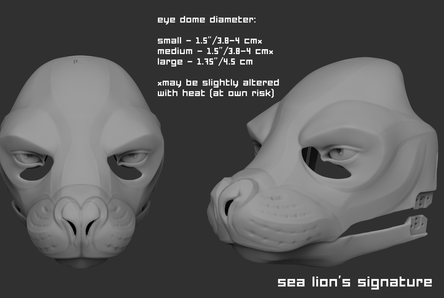 3D rendered example of a "signature" humanoid realistic eye style on a sea lion mask or fursuit base on a dark grey background.