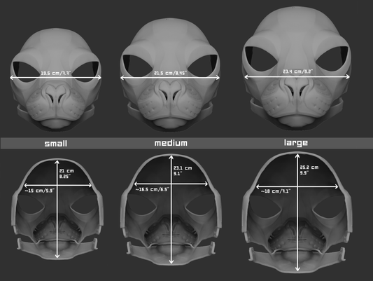Size chart for a sea lion mask or fursuit base featuring three 3D light grey renderings with measurements labeled for small, medium, and large sizes on a dark grey background.