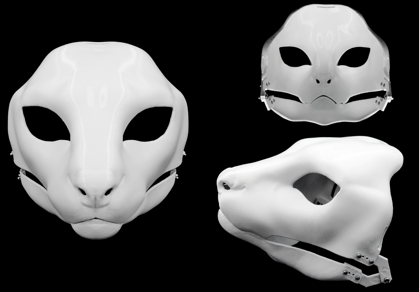 Photo collage showing a white, plastic 3D printed serval fursuit head base complete with metal hardware featuring a front, side, and back view against a black background.