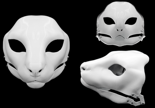 Photo collage showing a white, plastic 3D printed serval fursuit head base complete with metal hardware featuring a front, side, and back view against a black background.
