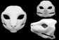 Photo collage showing a white, plastic 3D printed serval fursuit head base complete with metal hardware featuring a front, side, and back view against a black background.