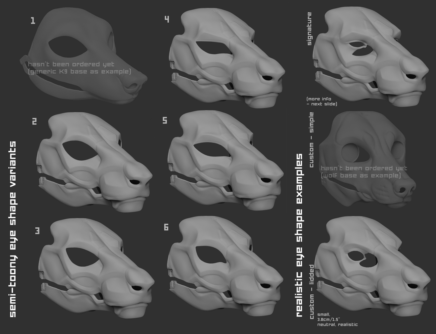 Various eye shape variants for an Eastern dragon mask/fursuit base on a dark background.