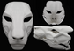 Photo collage showing a white, plastic 3D printed eastern dragon fursuit head base complete with metal hardware featuring a front, side, and back view against a black background.