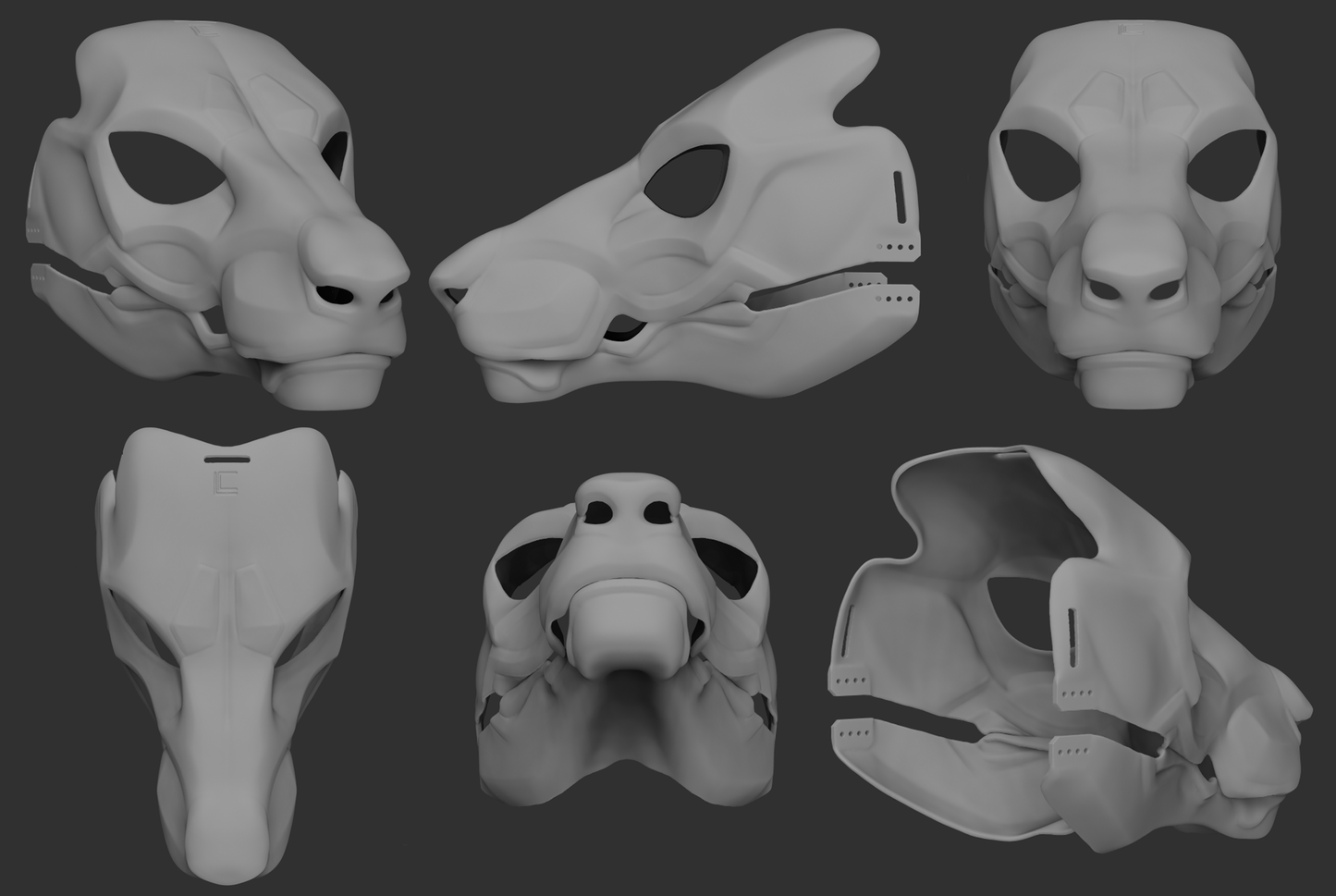Gray 3D models of an Eastern dragon mask or fursuit base from different angles on a dark background.