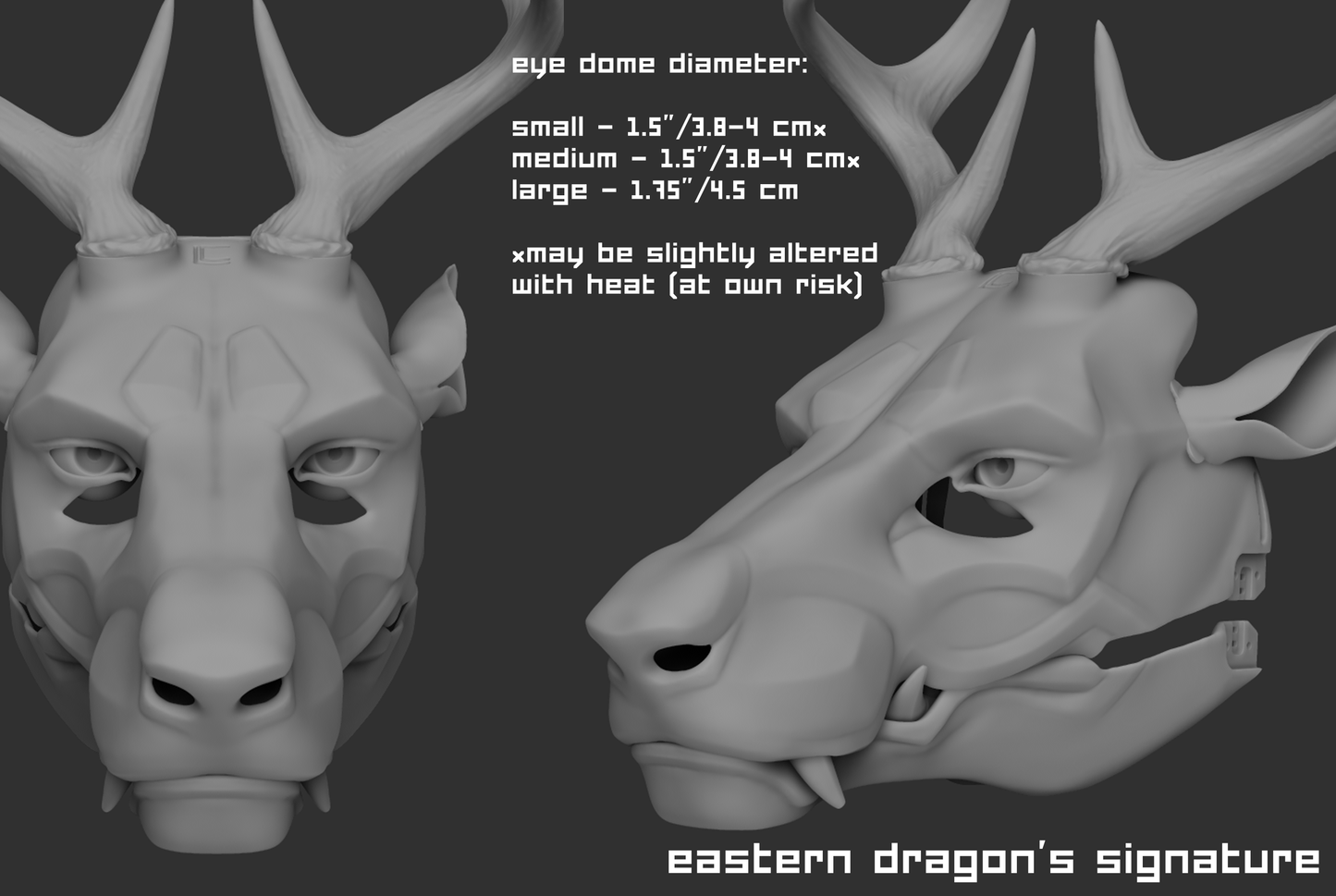 Example of a "signature" humanoid realistic eye style on a 3D model of an Eastern dragon mask or fursuit base on a dark background.