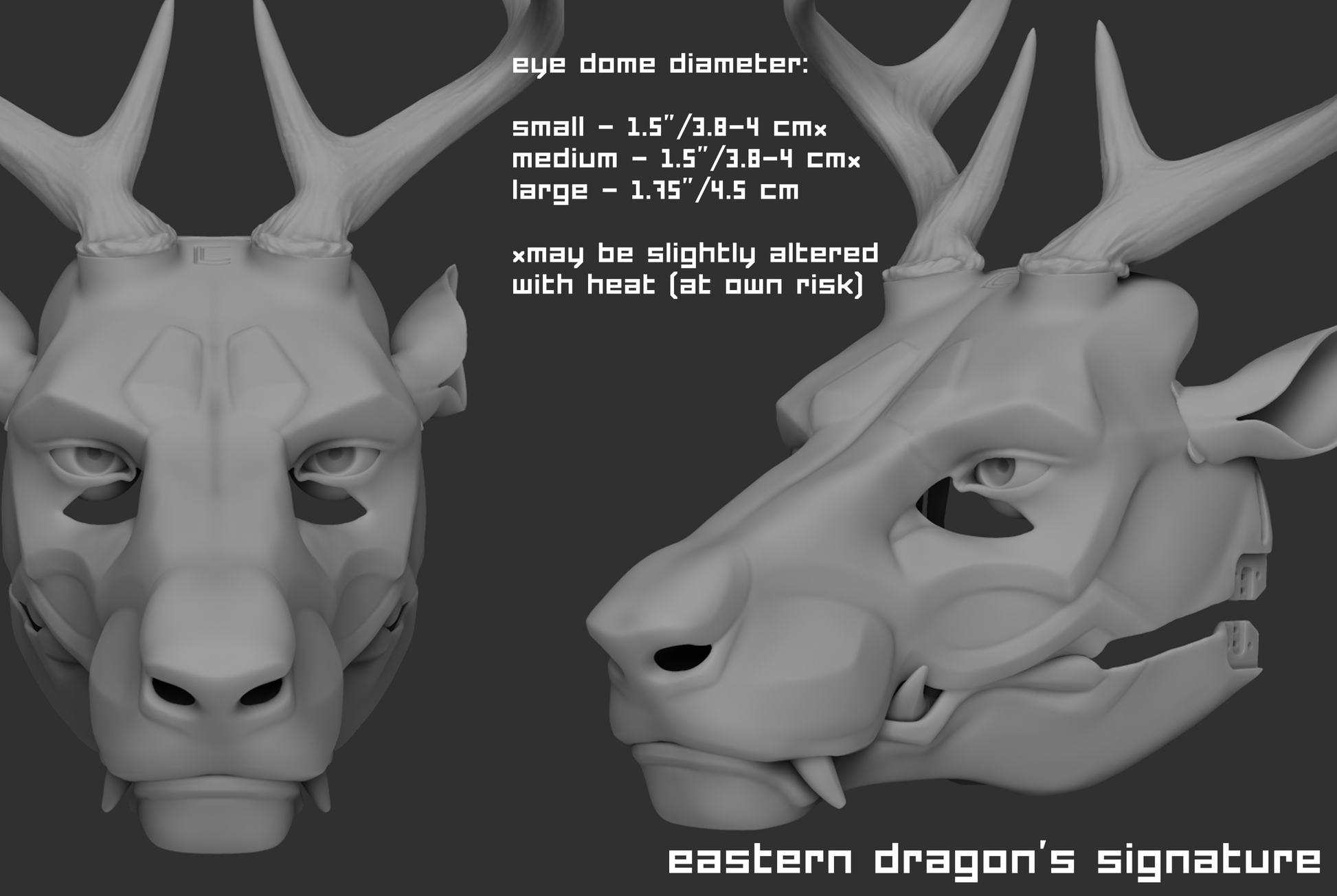 Example of a "signature" humanoid realistic eye style on a 3D model of an Eastern dragon mask or fursuit base on a dark background.