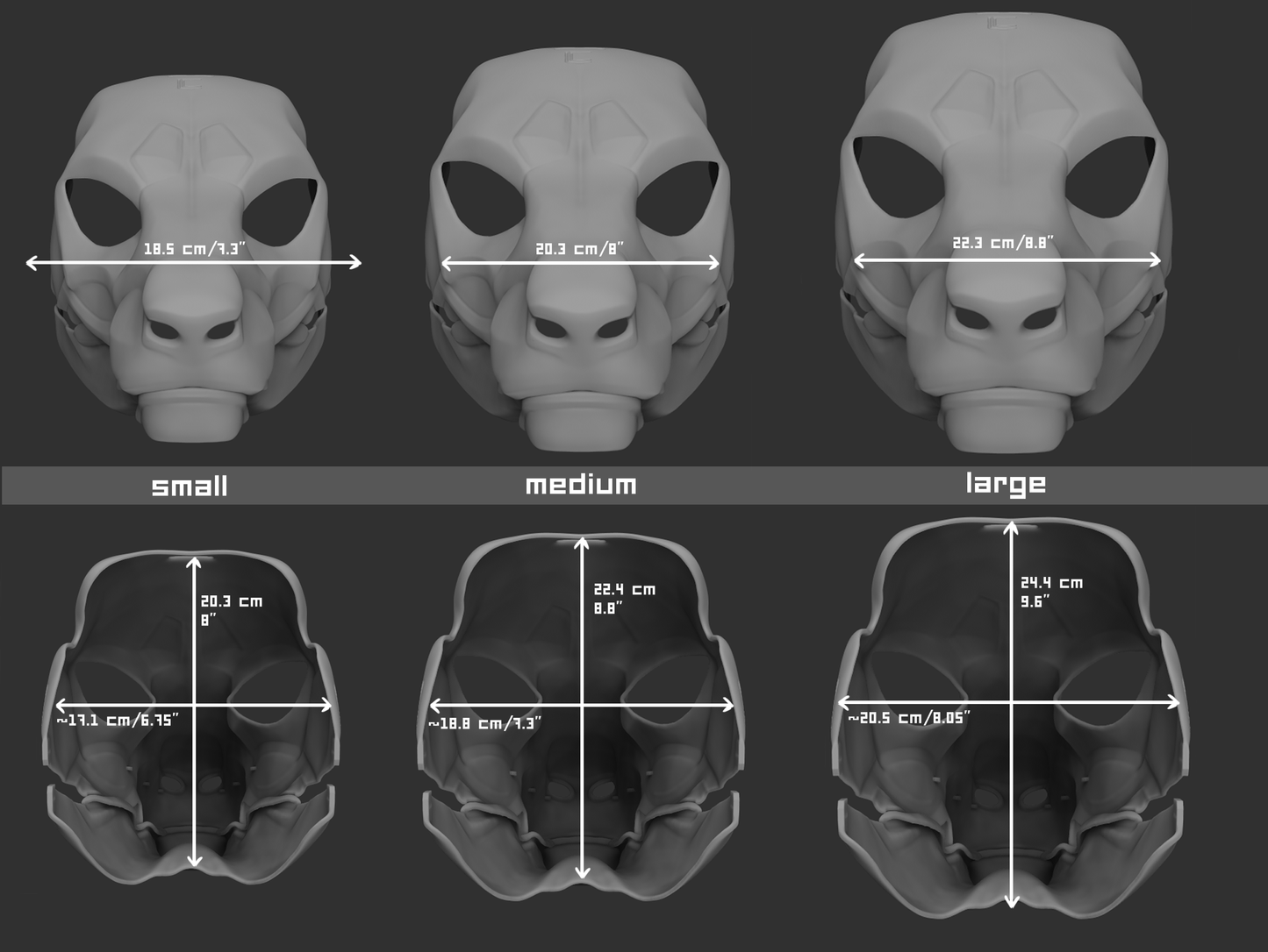 Size chart for an Eastern dragon mask or fursuit base with measurements labeled for small, medium, and large sizes on a dark background.