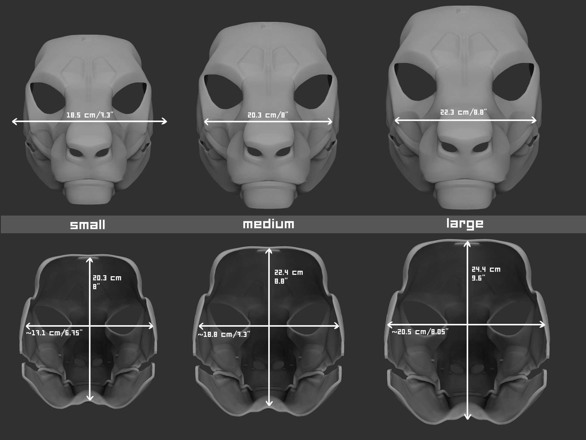 Size chart for an Eastern dragon mask or fursuit base with measurements labeled for small, medium, and large sizes on a dark background.