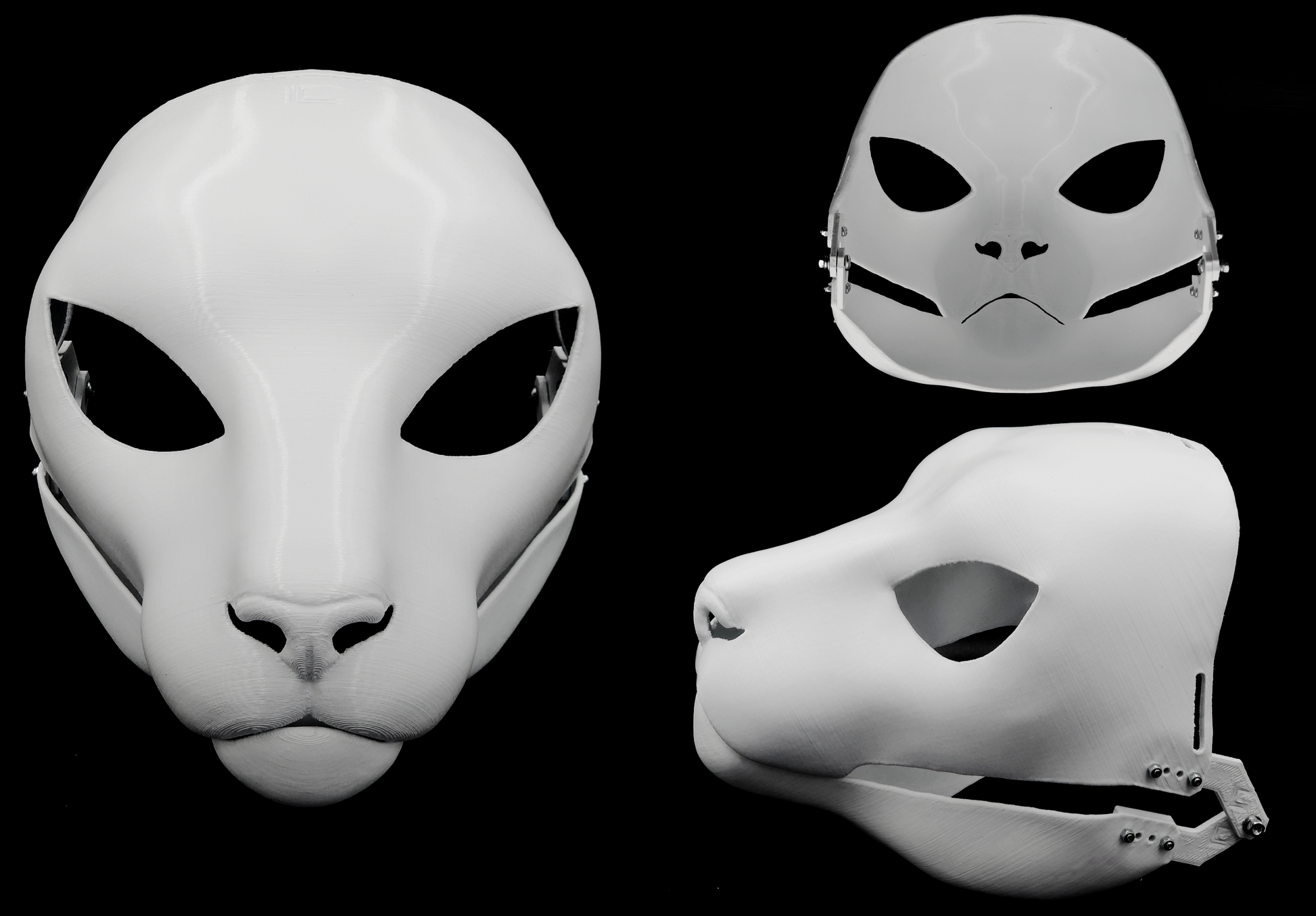 Photo collage showing a white, plastic 3D printed small feline fursuit head base complete with metal hardware featuring a front, side, and back view against a black background.