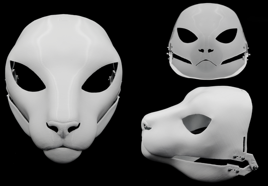 Photo collage showing a white, plastic 3D printed small feline fursuit head base complete with metal hardware featuring a front, side, and back view against a black background.