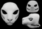 Photo collage showing a white, plastic 3D printed small feline fursuit head base complete with metal hardware featuring a front, side, and back view against a black background.