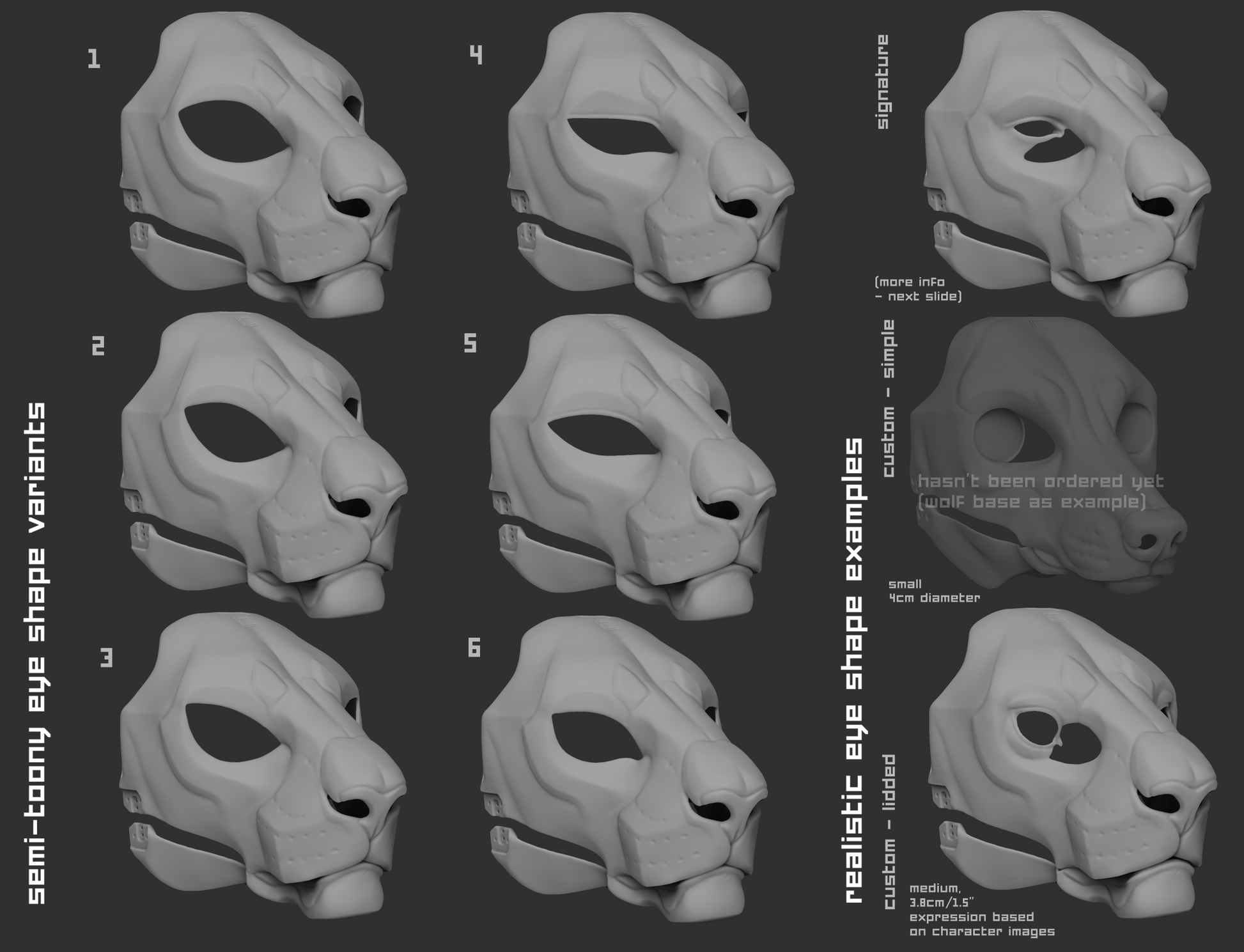 Various eye shape variants for a smilodon/sabertooth cat or tiger mask or fursuit base on a dark background.