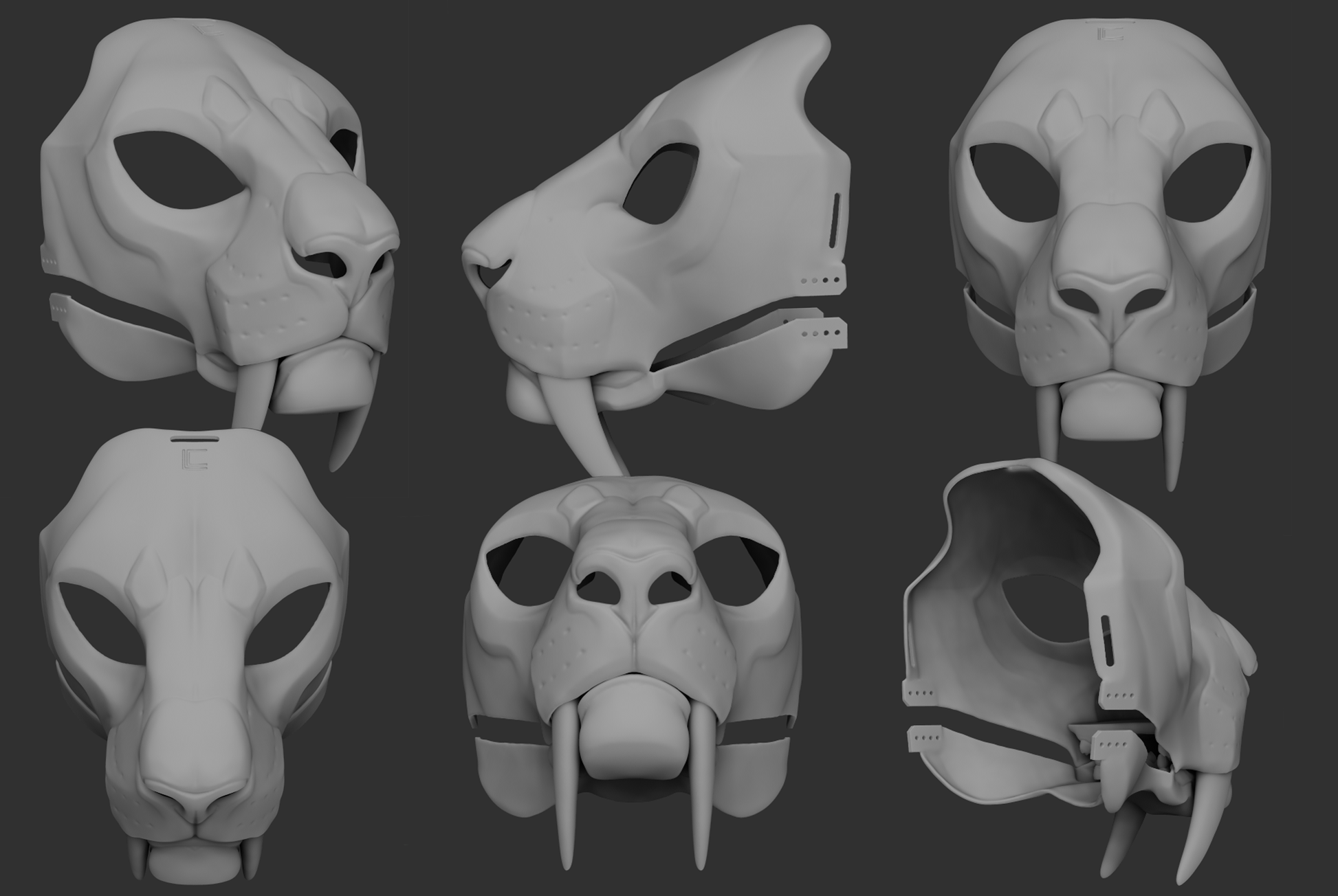 Gray 3D models of a smilodon/sabertooth cat or tiger mask or fursuit base from different angles on a dark background.