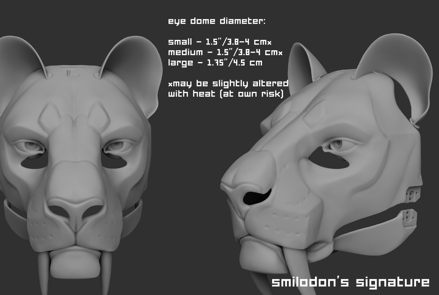 Example of a "signature" humanoid realistic eye style on a 3D model of a smilodon/sabertooth cat or tiger mask or fursuit base on a dark background.