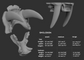 Gray 3D model of smilodon teeth or jawset with size chart and measurements on a dark background.