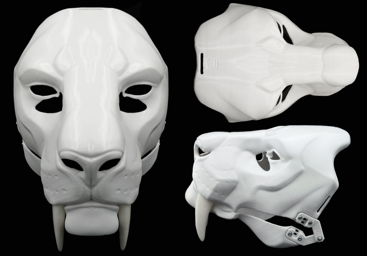 Photo collage showing a white, plastic 3D printed smilodon fursuit head base complete with metal hardware featuring a front, side, and top view against a black background.