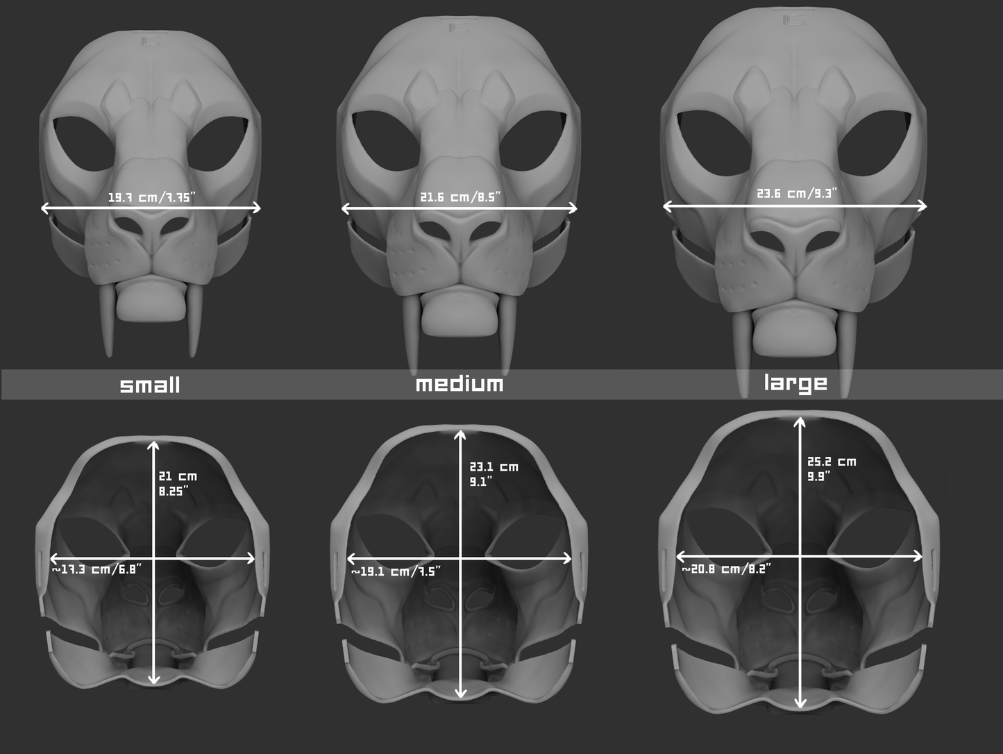 Size chart for a smilodon/sabertooth cat or tiger mask or fursuit base with measurements labeled for small, medium, and large sizes on a dark background.