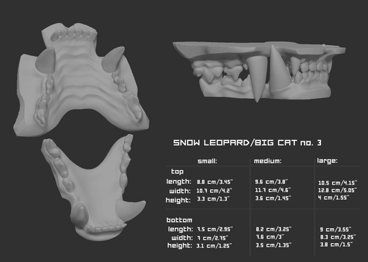 Two light grey 3D renderings of a snow leopard fursuit jawset showcasing the jaws open and closed against a dark grey background; a size chart and measurements are shown to the right.