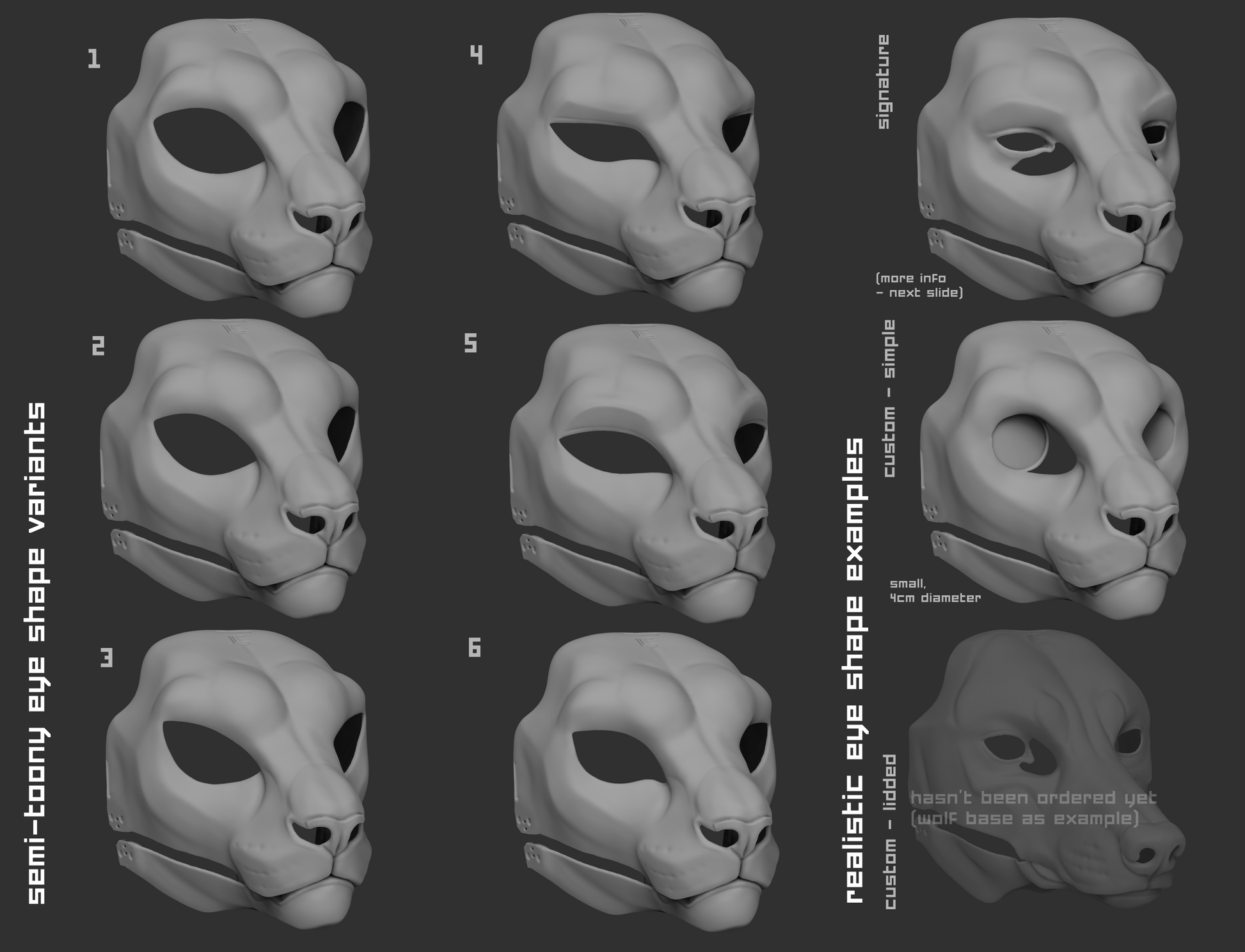 Light grey 3D renderings showcasing the various eye shape variants for a snow leopard mask or fursuit base on a dark grey background.