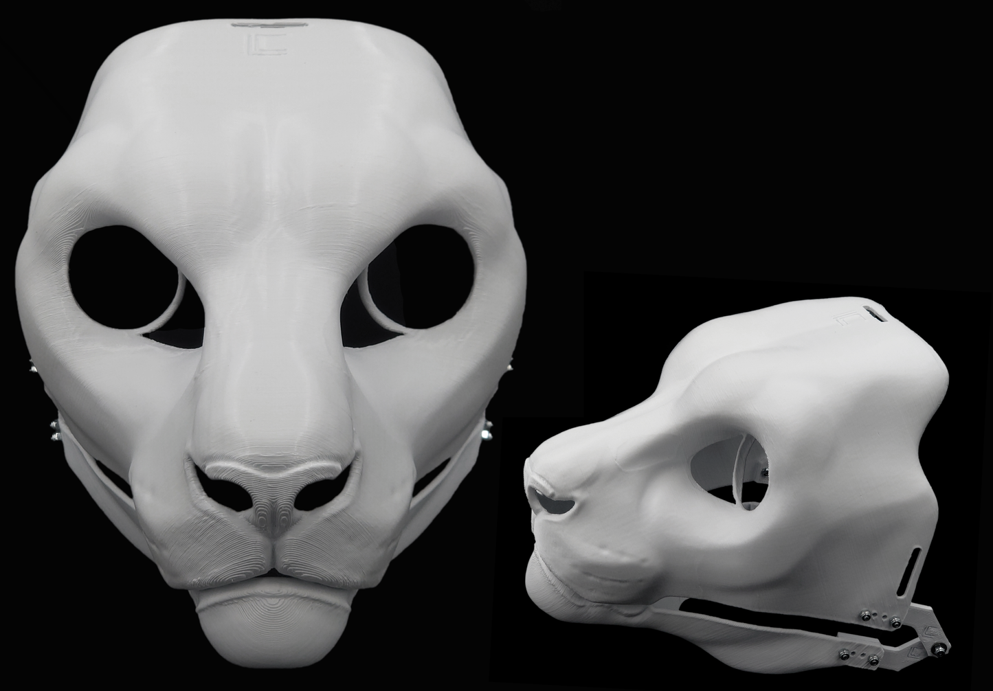 Photo collage showing a white, plastic 3D printed snow leopard fursuit head base complete with metal hardware featuring a front and side view against a black background.
