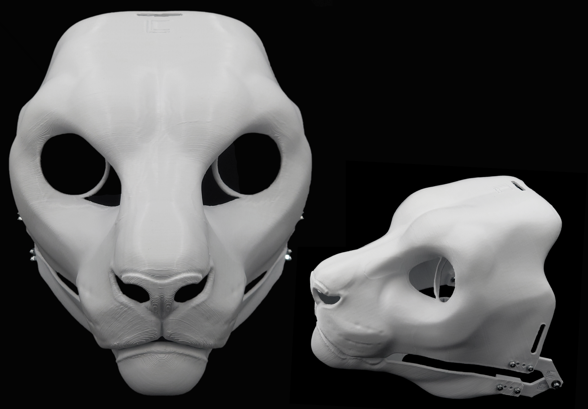 Photo collage showing a white, plastic 3D printed snow leopard fursuit head base complete with metal hardware featuring a front and side view against a black background.