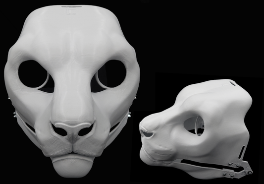 Photo collage showing a white, plastic 3D printed snow leopard fursuit head base complete with metal hardware featuring a front and side view against a black background.