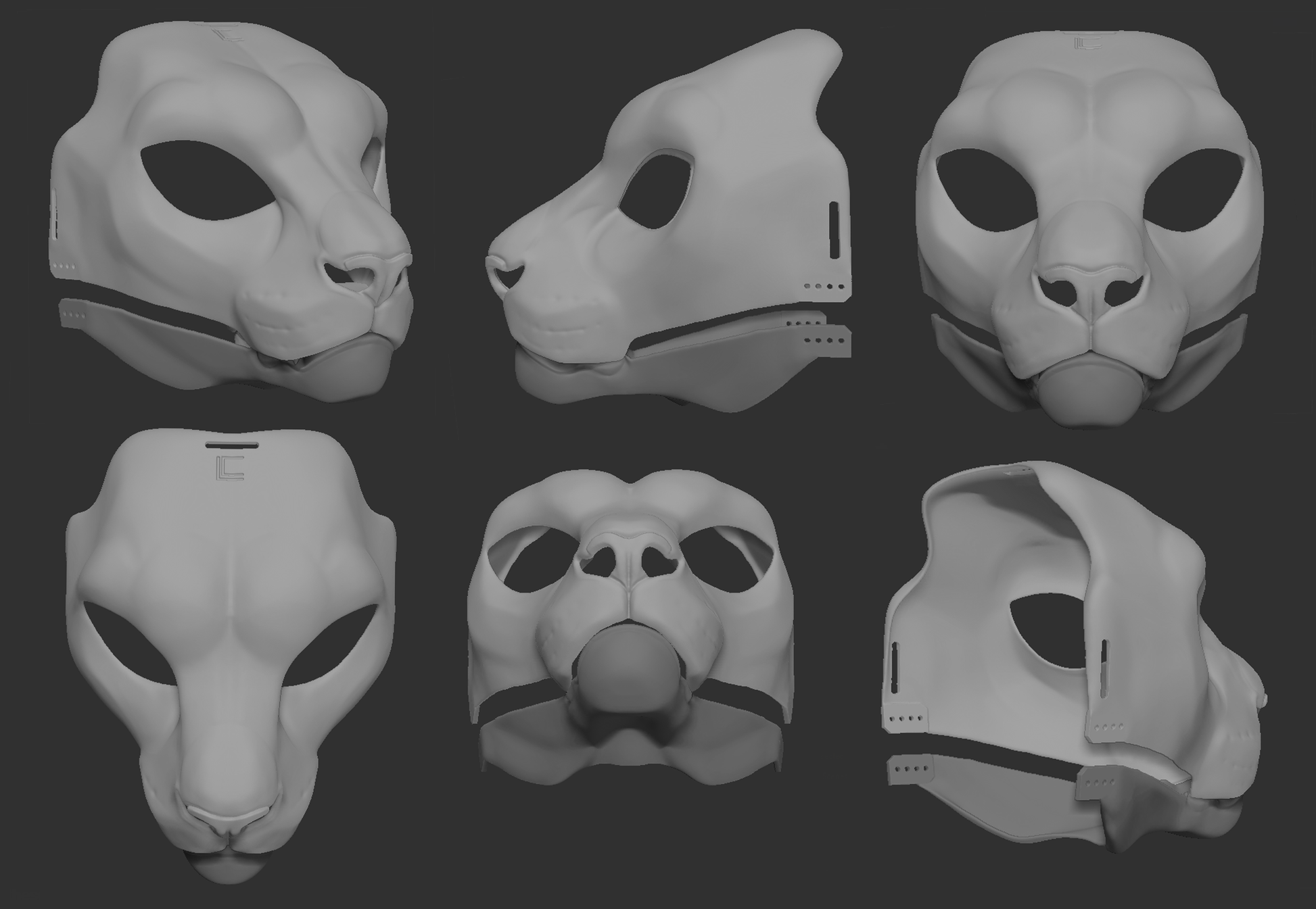 A collection of 3D rendered, light grey images showing different angles of a snow leopard head base designed for fursuits, displaying the front, side, and back views against a dark grey background.
