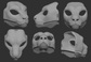 A collection of 3D rendered, light grey images showing different angles of a snow leopard head base designed for fursuits, displaying the front, side, and back views against a dark grey background.