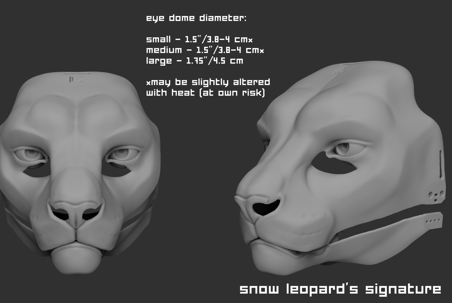 3D rendered example of a "signature" humanoid realistic eye style on a snow leopard mask or fursuit base on a dark grey background.