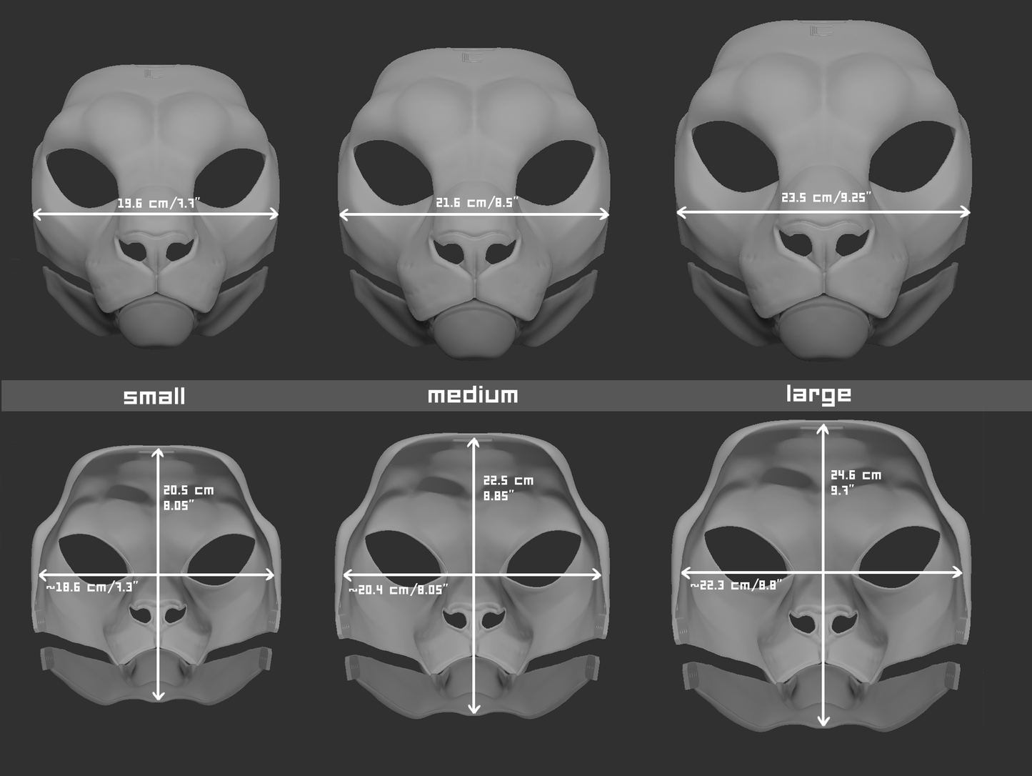 Size chart for a snow leopard mask or fursuit base featuring three 3D light grey renderings with measurements labeled for small, medium, and large sizes on a dark grey background.