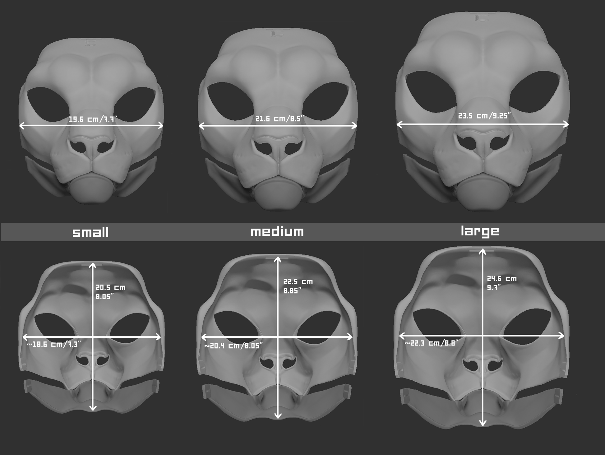 Size chart for a snow leopard mask or fursuit base featuring three 3D light grey renderings with measurements labeled for small, medium, and large sizes on a dark grey background.