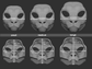 Size chart for a snow leopard mask or fursuit base featuring three 3D light grey renderings with measurements labeled for small, medium, and large sizes on a dark grey background.