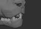 A 3D rendering of a snow leopard fursuit jawset with detailed teeth in a light grey color, showcasing fit in a fursuit base and shown against a dark grey background.