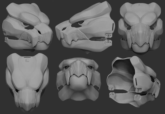 A collection of 3D rendered, light grey images showing different angles of a swift beaked wyvern or dragon head base designed for fursuits and cosplays, displaying the front, side, and back views against a dark grey background.