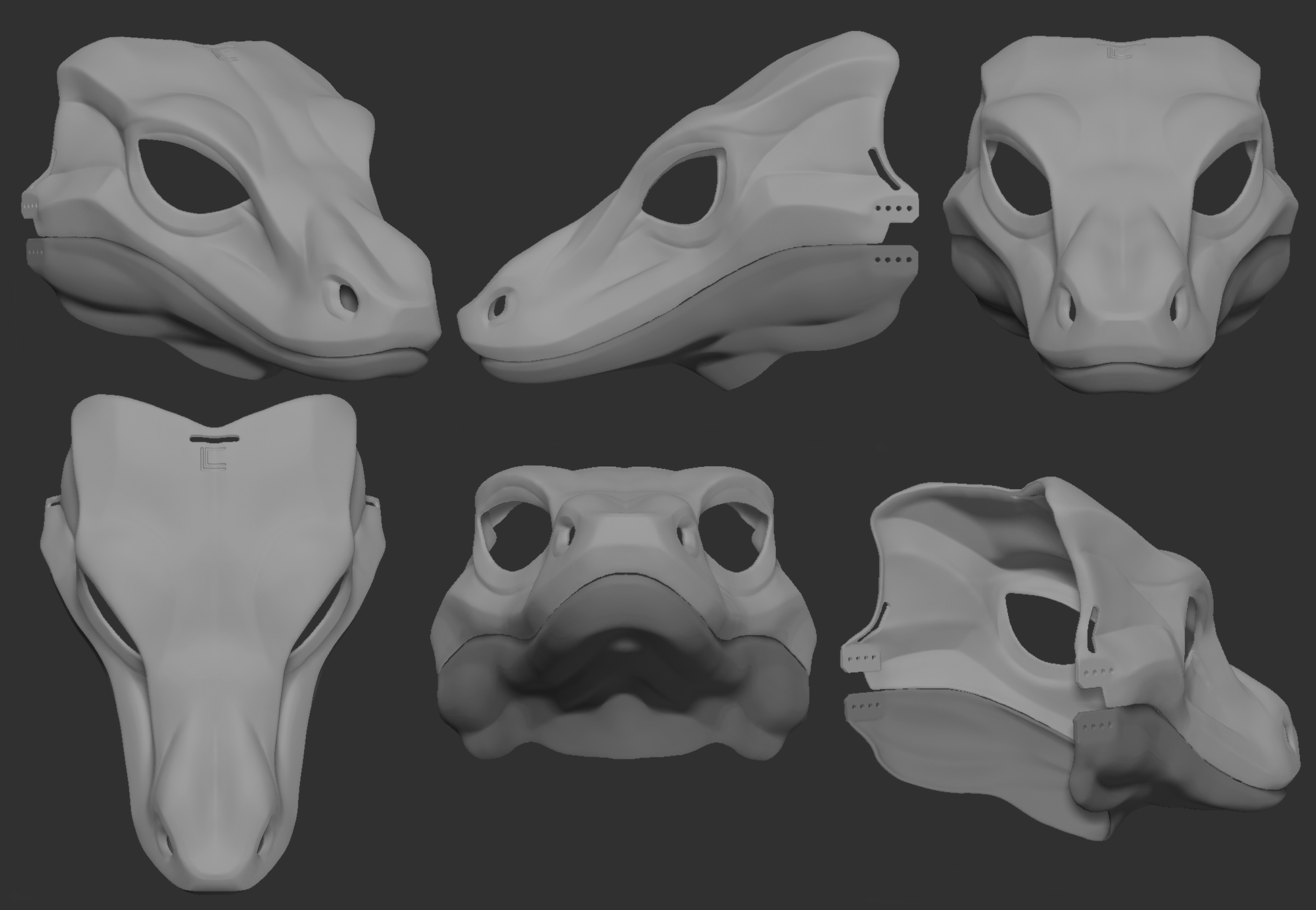 Gray 3D models of a water monitor lizard mask or fursuit base from different angles on a dark background.