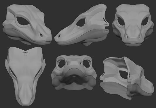 Gray 3D models of a water monitor lizard mask or fursuit base from different angles on a dark background.