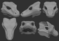 Gray 3D models of a water monitor lizard mask or fursuit base from different angles on a dark background.