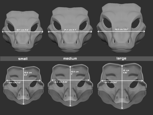 Size chart for a water monitor lizard mask or fursuit base with measurements labeled for small, medium, and large sizes on a dark background.