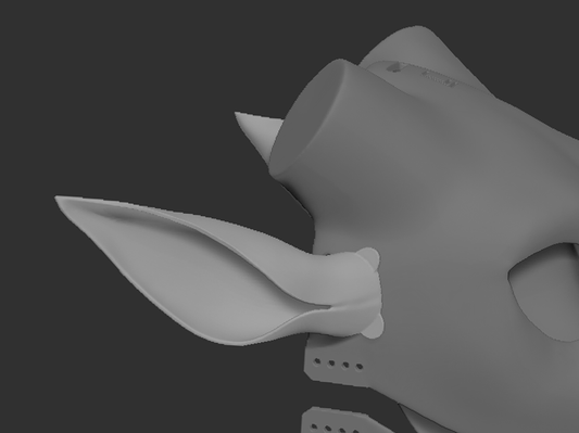 3D rendered image of a pair of dragon TPU ears for fursuit or mask, showing the shape and fit on fursuit base.