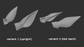 Two light grey 3D renderings of dragon ears made for fursuits showing differences between an upright and laid back ear shape against a dark grey background.