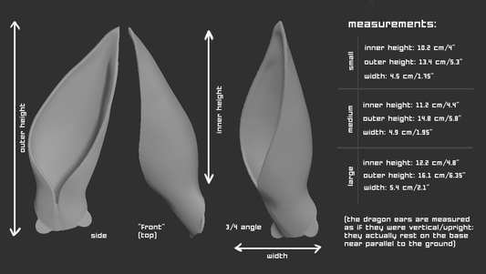 Size chart for dragon ear accessory for a mask or fursuit featuring light grey 3D renderings with measurements labeled for small, medium, and large sizes on a dark grey background.