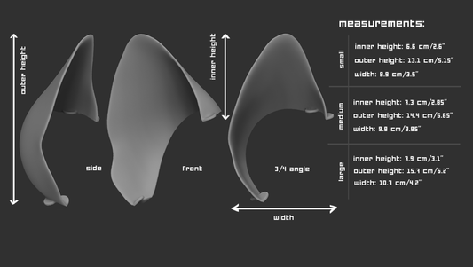 Size chart for wolf ear accessory for a mask or fursuit with measurements labeled for small, medium, and large sizes on a dark background