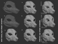 Light grey 3D renderings showcasing the various eye shape variants for a wolf/canine mask or fursuit base on a dark grey background.