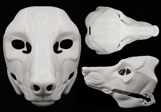 Photo collage showing a white, plastic 3D printed wolf fursuit head base complete with metal hardware featuring a front, side, and top view against a black background.