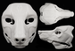 Photo collage showing a white, plastic 3D printed wolf fursuit head base complete with metal hardware featuring a front, side, and top view against a black background.