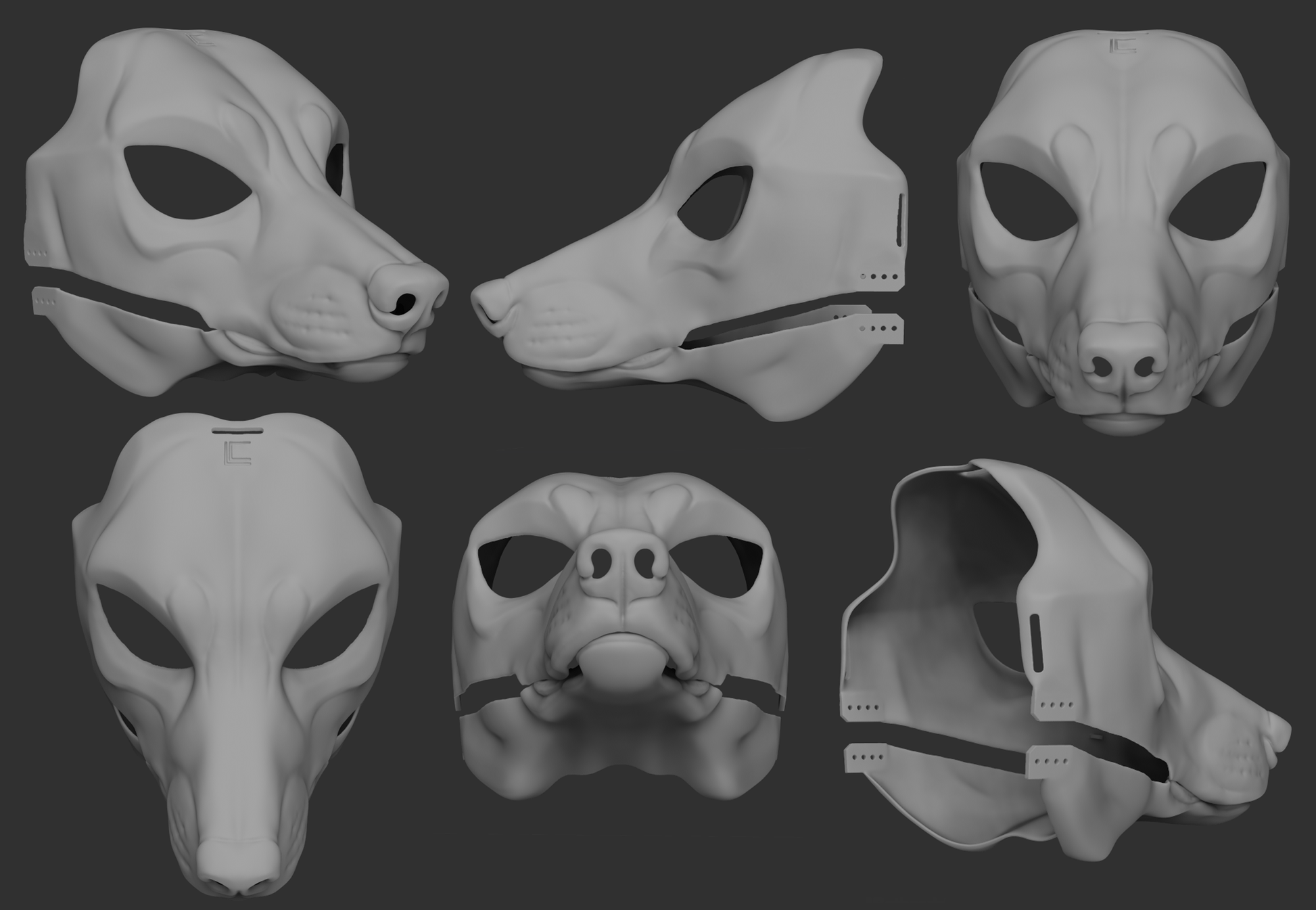 A collection of 3D rendered, light grey images showing different angles of a wolf/canine head base designed for fursuits, displaying the front, side, and back views against a dark grey background.
